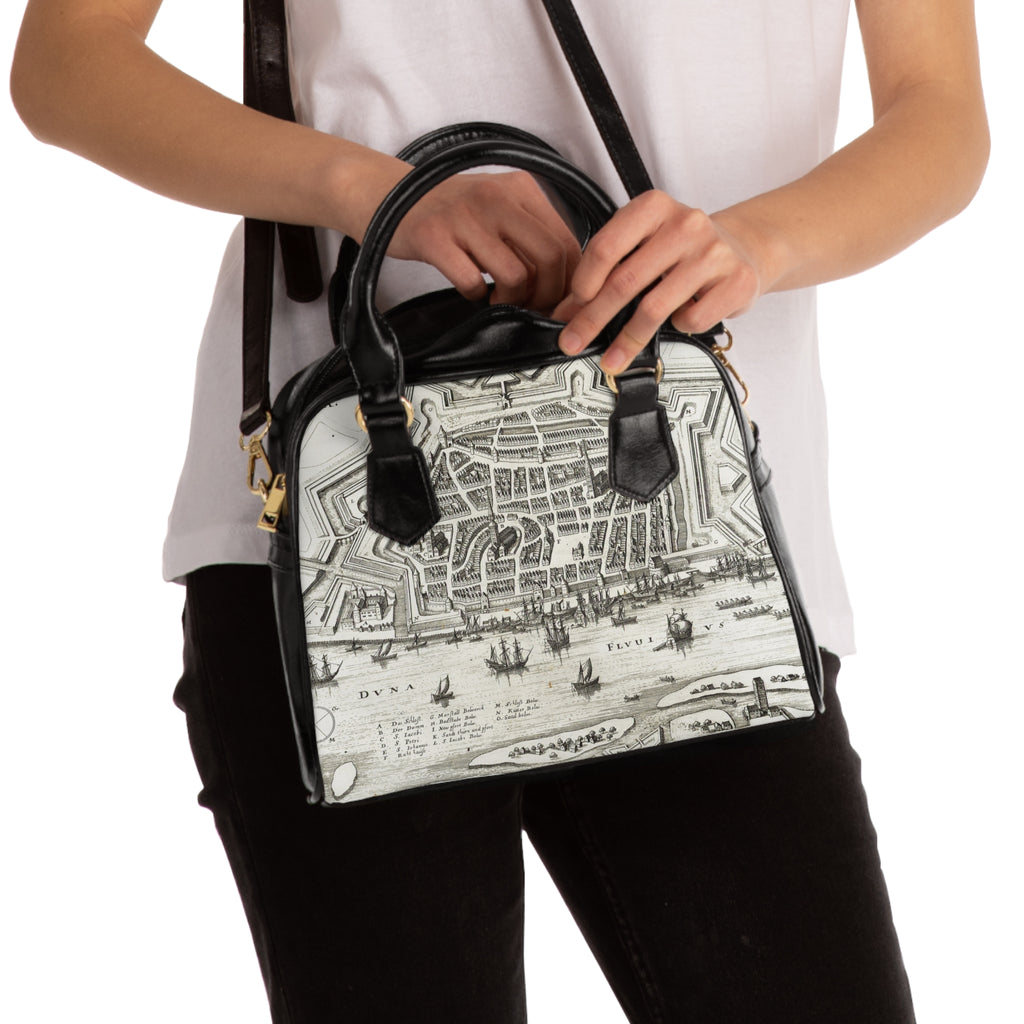 Terra Incognita Rigensis — Historic City Map Shoulder Bag, 17th Century Riga Print, Vintage Cartography Handbag